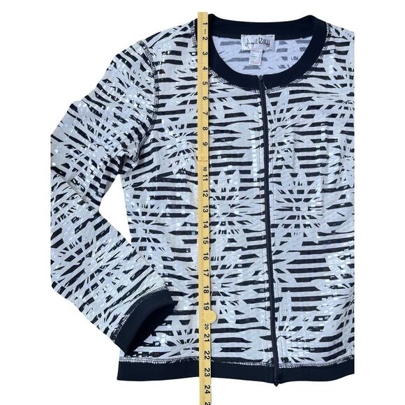 Joseph Ribkoff Full Zip Vinyl Shimmer Striped Floral Jacket Black White Size 12 - Picture 8 of 15